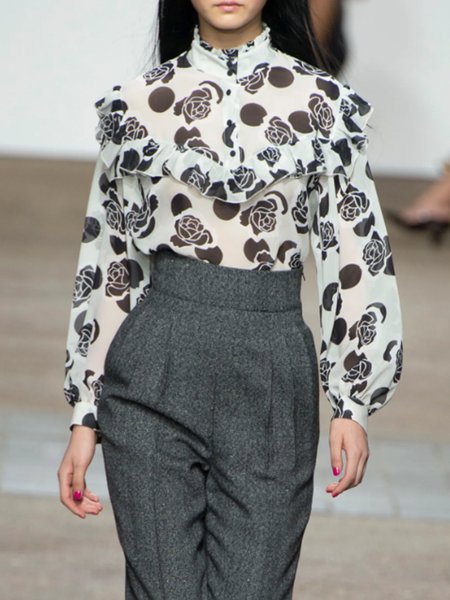 

Floral Print Urban Stand Collar Loose Blouse, White, Blouses and Shirts