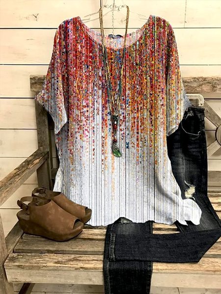 

Crew Neck Casual Loose Floral Shirt, Flower, Shirts & Blouses