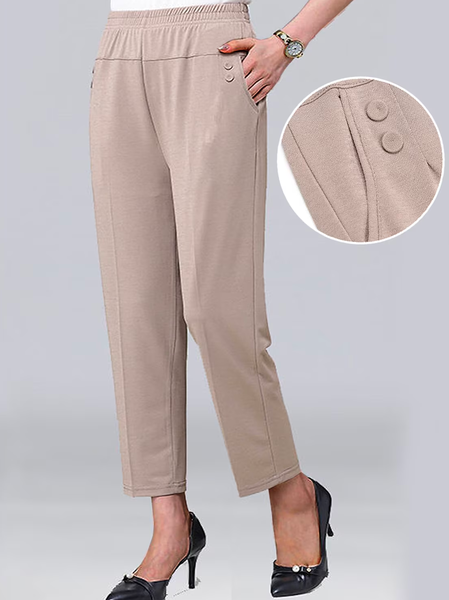 

Plain Buttoned Casual Loose Pants, Khaki, Pants