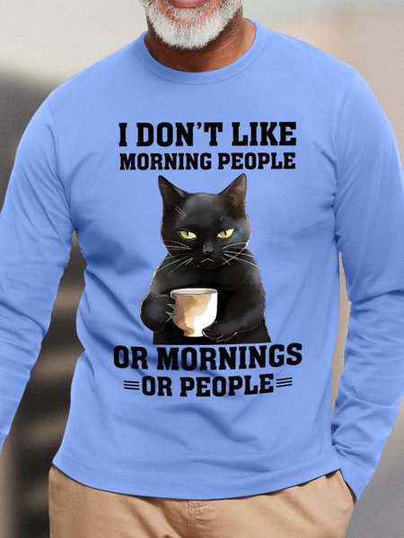 

Men’s Cat Drinking Coffee Casual Crew Neck Long Sleeve T-Shirt, Light blue, Long Sleeves