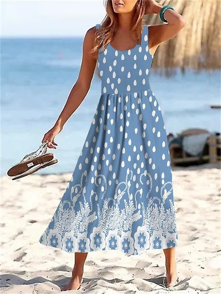 

Casual Polka Floral Crew Neck Loose Dress, Blue, Dresses