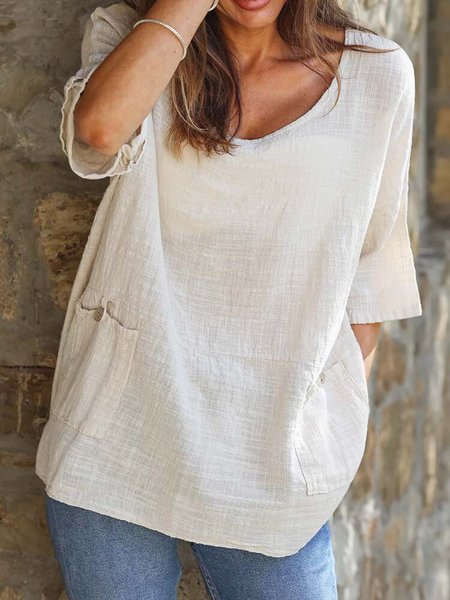 

Casual Crew Neck Cotton And Linen Shirt, White, Shirts & Blouses