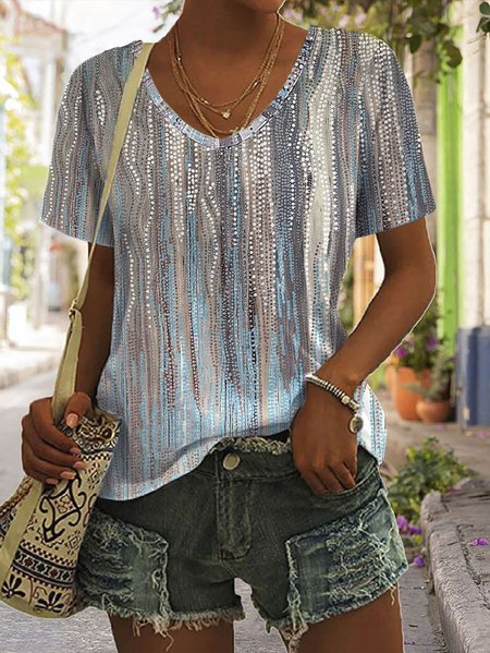 

Summer Abstract Casual V Neck T-Shirt, Blue, T-Shirts