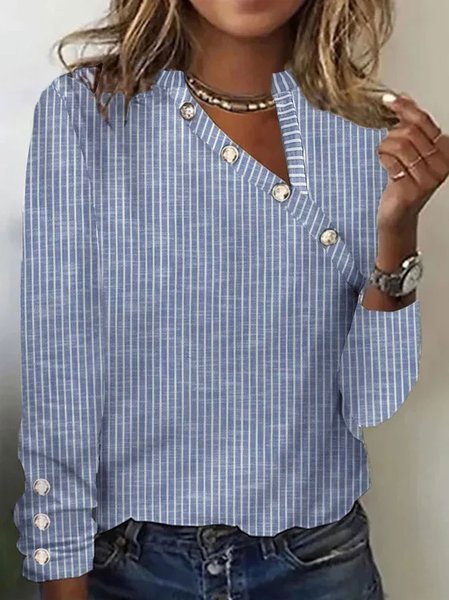 

Buttoned Detail Casual Asymmetrical Neck T-Shirt, Blue, T-shirts