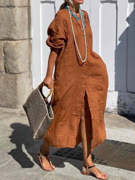 

Casual Buttoned Loose Shirt Dress, Yellow brown, Dresses