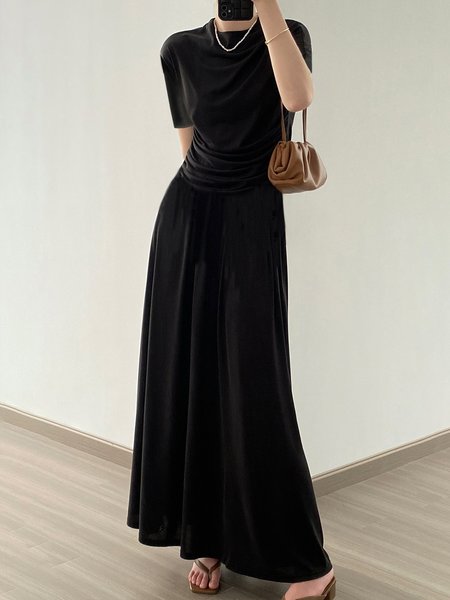 

Half Sleeve Elegant Regular Fit Crew Neck Dress, Black, Maxi Dresses