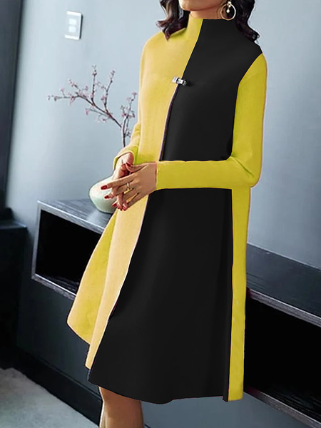 

Loose Urban Color Block Long Sleeve Stand Collar Short Dress, As picture, Mini Dresses