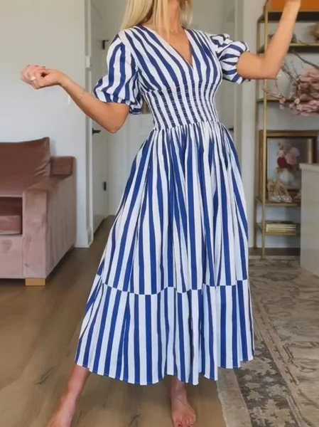

Casual Striped Lantern Sleeve Loose V Neck Dress, Stripe-blue, Dresses