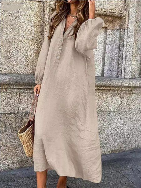 

Casual Plain Cotton And Linen Dress With No, Khaki, Dresses