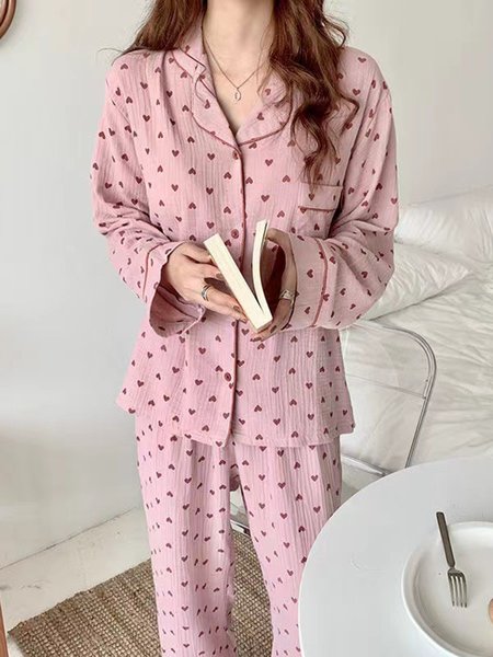 

Cotton-Blend Shawl Collar Casual Loose Regular Sleeve Lounge Set, Pink, Loungewear & Sleepwear