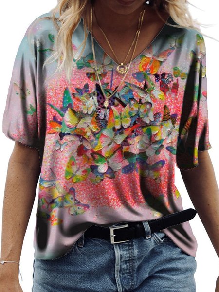 

Women's Casual Butterfly Flower Pattern Short Sleeve T-Shirt Urban Daily Clothing, As picture, T-Shirts