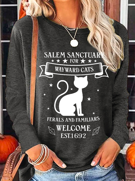 

Women's Salem Sanctuary For Wayward Cats Long Sleeve Witch Casual Shirt, Deep gray, Long sleeves