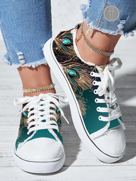 

Casual Peacock Feather Print Ombre Raw Hem Lace-Up Canvas Shoes, As picture, Sneakers