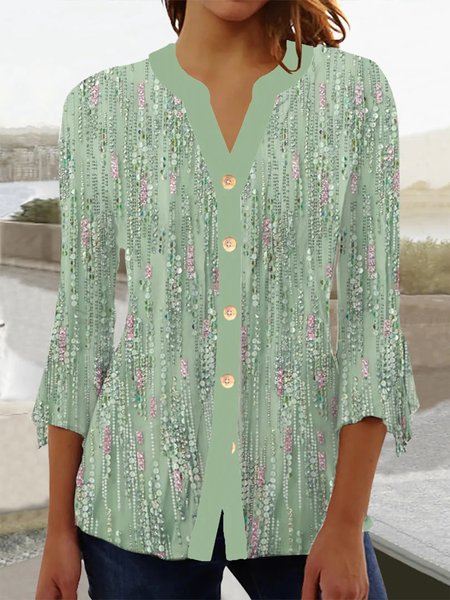 

V Neck Floral Casual Buttoned Shirt, Green, Shirts & Blouses