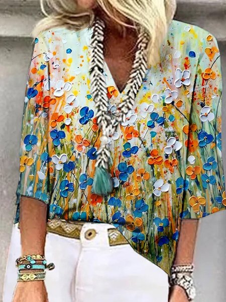 

Casual Floral V Neck Loose Shirt, Multicolor, Shirts & Blouses