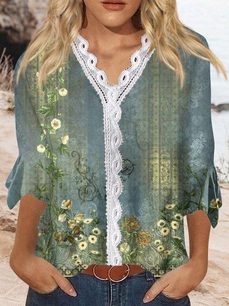 

V Neck Loose Printing Vacation T-Shirt, Color7, T-Shirts