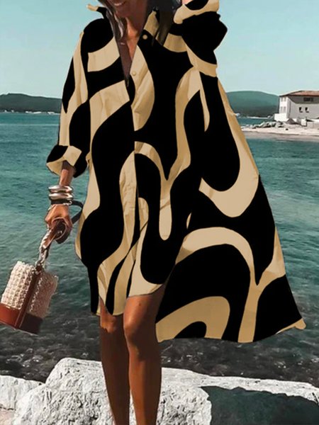 

Abstract Shirt Collar Loose Casual Shirt Dress, Khaki, Mini Dresses