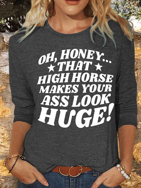 Women's Funny Word High Horse Casual Crew Neck Long Sleeve Shirt, Deep gray, Long sleeves