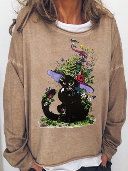 

Women's Spring Editon Witch Cat Art Print Casual Regular Fit Sweatshirt, Khaki, Hoodies&Sweatshirts