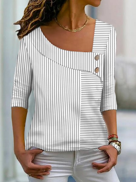 

Striped Asymmetrical Casual T-Shirt, White, T-Shirts