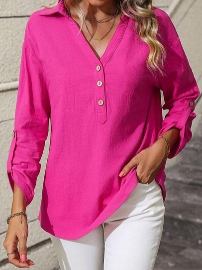 

V Neck Cotton And Linen Casual Plain Blouse, Pink, Shirts & Blouses