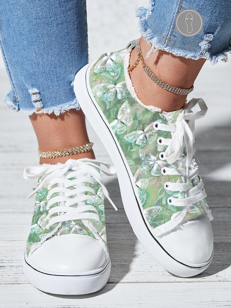 

Green Butterfly Plants Print Raw Hem Lace-Up Canvas Shoes, Sneakers