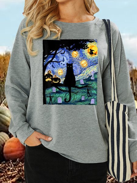 

Women's Scary Night Cat Van Gogh Halloween Print Casual Letters Crew Neck Sweatshirt, Light gray, Hoodies&Sweatshirts