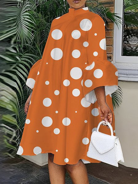 

Regular Fit Polka Dots Elegant Stand Collar Dress, Orange, Midi Dresses