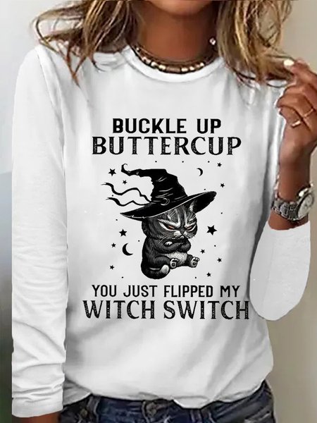 

Women's Halloween Buckle Up Buttercup Casual Crew Neck Text Letters Shirt, White, Long sleeves