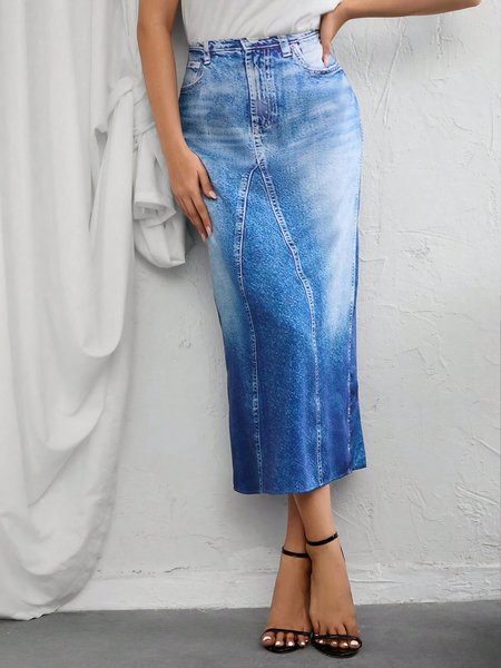 

Denim Plain Urban Loose Denim Skirt, Blue, Denim Skirts