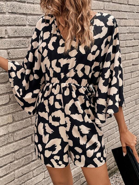 

Loose V Neck Casual Leopard Jumpsuit, Brown, Jumpsuits＆Rompers