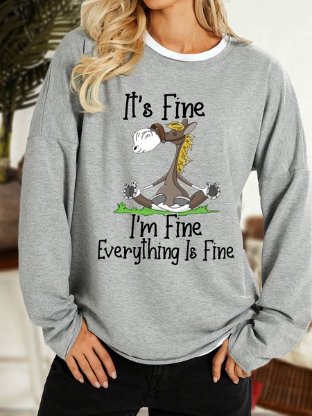 

Women‘s Funny Horse I'm fine Letters Crew Neck Casual Sweatshirt, Light gray, Hoodies&Sweatshirts