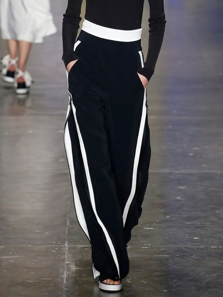 

Zipper Color Block Casual Wide Leg Pants, Black, Pants