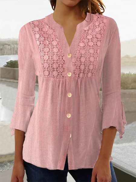 Casual Lace V Neck Shirt, Pink, Shirts & Blouses