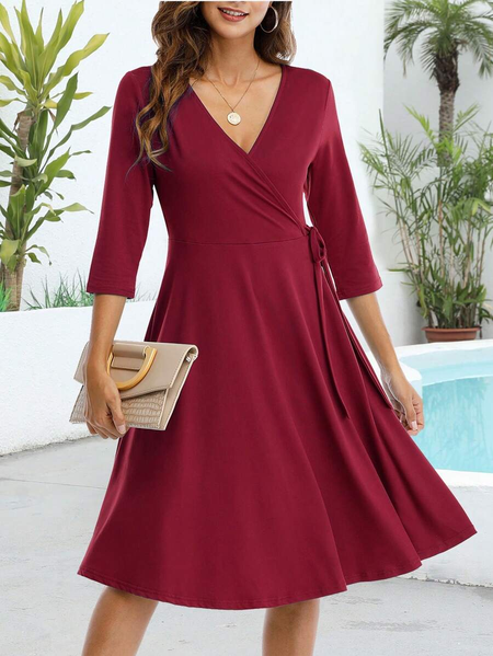 

Loose Elegant Plain V Neck Solid Knot Side Wrap Dress, Red, Dresses