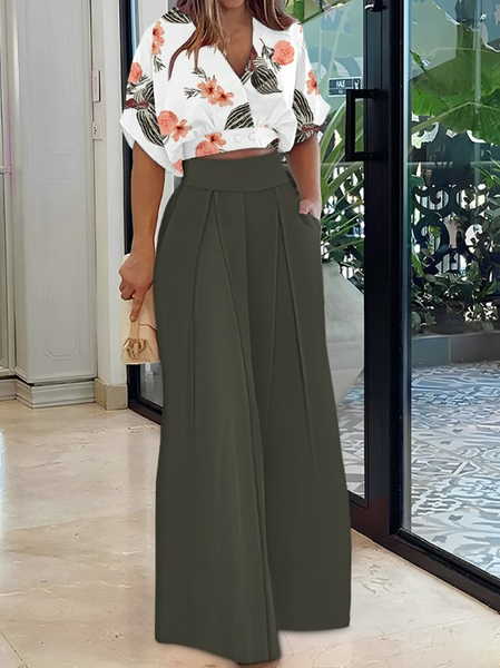 

Floral Cross Neck Loose Casual Two-Piece Set, Green, Suit Set