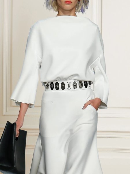 

Loose Boat Neck Plain Urban Shirt, White, Blouses and Shirts
