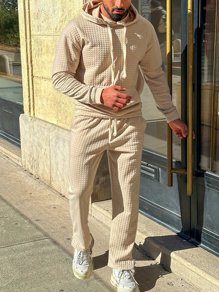 

Loose Casual Regular Sleeve Hoodie Two-Piece Set, Khaki, Suit Set