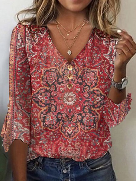

Women's Ethnic Floral Three Quarter Sleeve Tee T-shirt V Neck Casual Spring/Fall Top, Red, T-Shirts