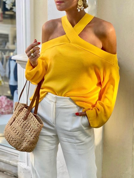 

Plain Cross Neck Urban Long Sleeve Shirt, Yellow, Blouses and Shirts
