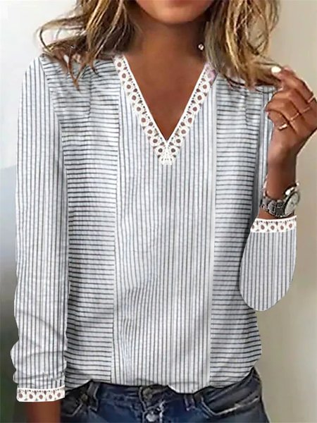 

Casual Striped V Neck Lace Loose T-Shirt, Stripe, T-Shirts