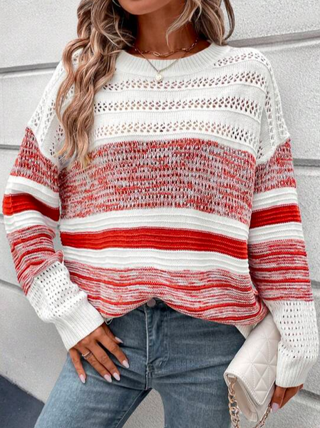

Casual Loose Crew Neck Colorblock Drop Shoulder Pointelle Knit Sweater, Red, Sweaters