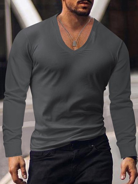 

Casual Regular Fit Plain V Neck T-Shirt, Deep gray, T-Shirts