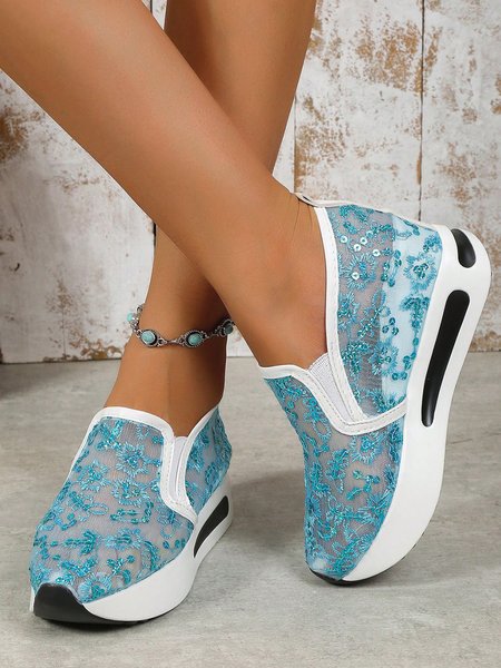 

Breathable Floral Embroidery Slip-on Muffin Sneakers, Blue, Sneakers