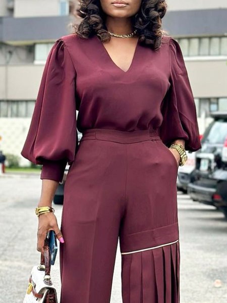 

V Neck Plain Loose Lantern Sleeve Urban Shirt, Wine red, Blouses and Shirts