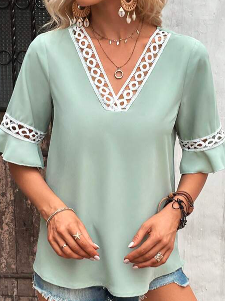 

Casual V Neck Plain Lace Shirt, Green, Shirts & Blouses