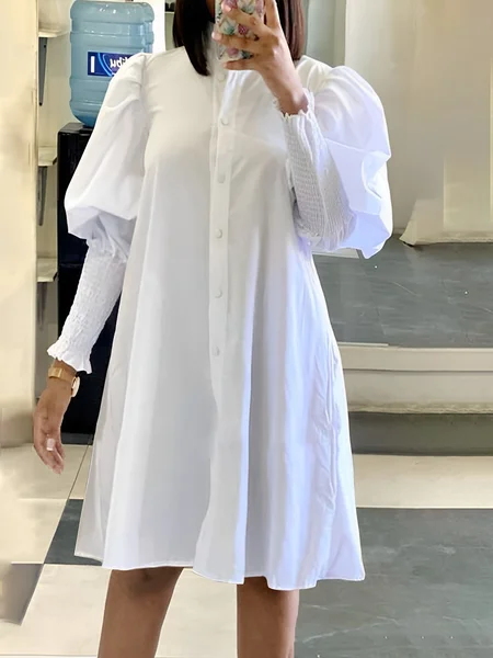 

Stand Collar Regular Fit Plain Urban Dress, White, Midi Dresses