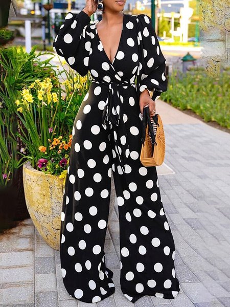 

Daily Long Sleeve Polka Dots Regular Fit Jumpsuit, Black, Jumpsuits