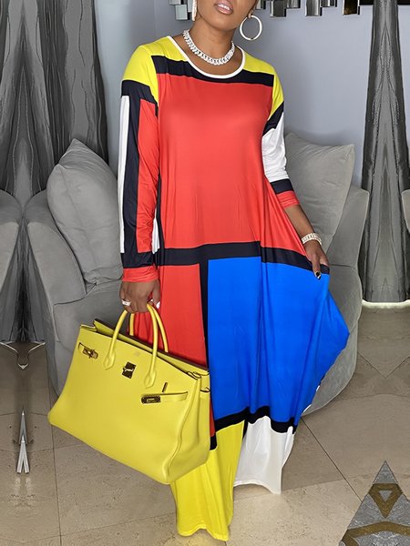 

Pocket Stitching Crew Neck Geometric Casual Dress, As picture, Maxi Dresses