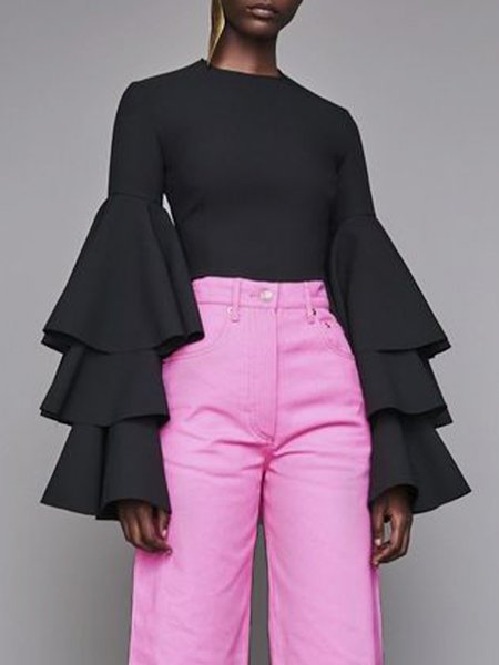 

Regular Fit Elegant Plain Crew Neck Shirt, Black, Blouses and Shirts